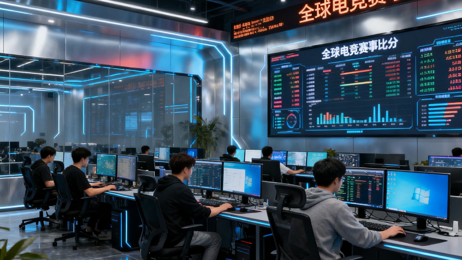 蜂鸟电竞成都总部开放式办公区，数十位数据分析师面对多屏幕工作，墙上实时滚动显示全球电竞赛事比分数据大屏，现代科技风格装修